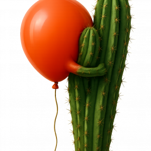 A balloon is hugging a cactus.