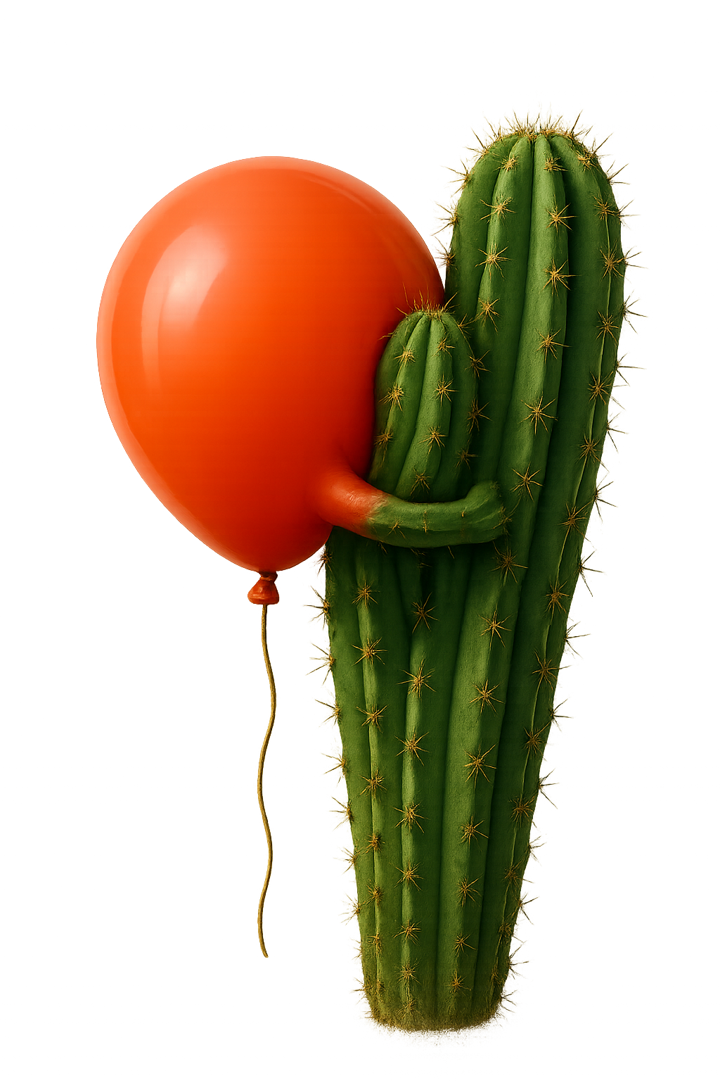 A balloon is hugging a cactus.