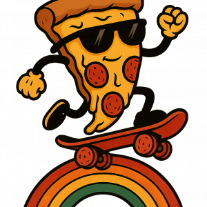 Пица язди скейтборд по дъгата, със слънчеви очила и пиперони като колела.