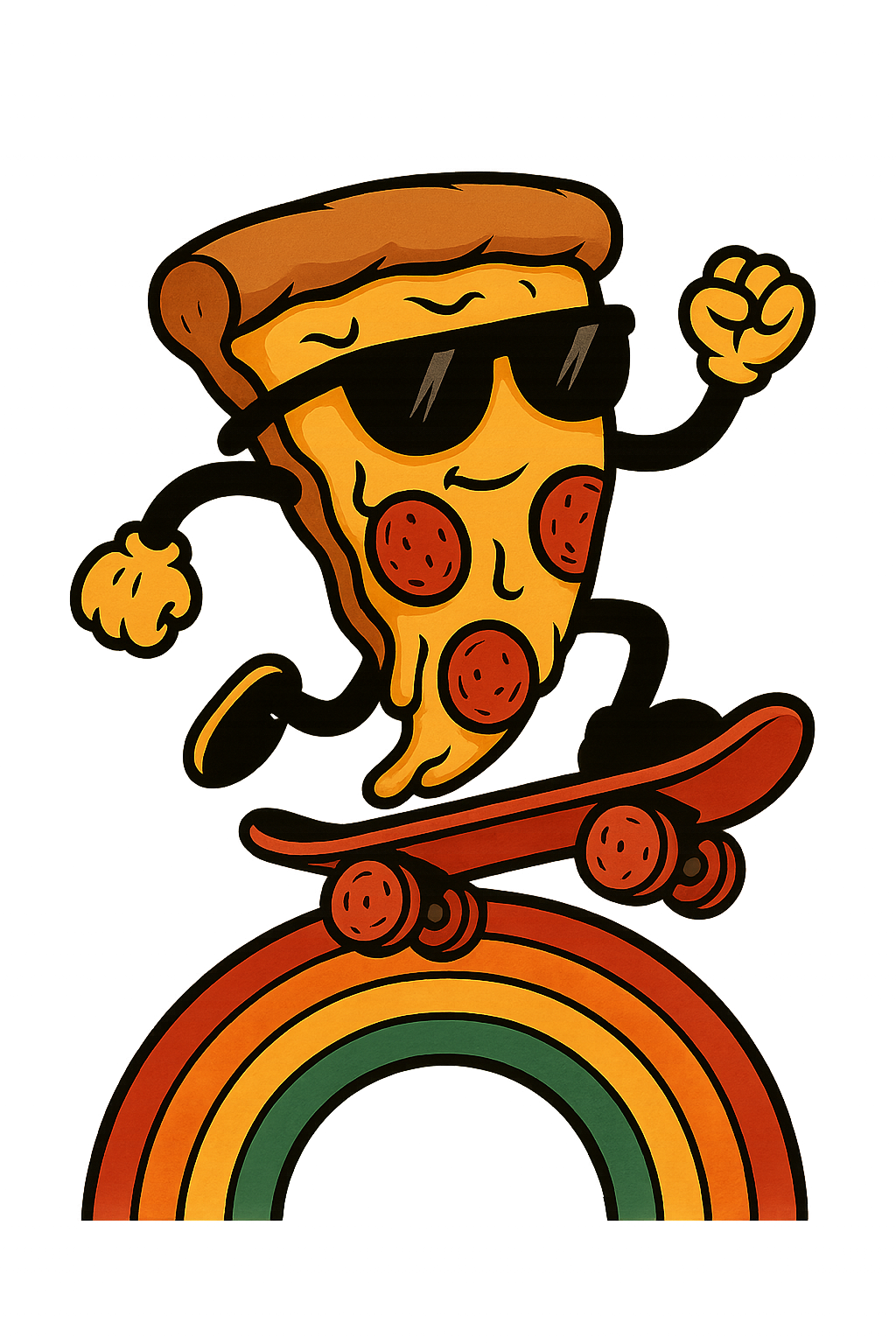 Пица язди скейтборд по дъгата, със слънчеви очила и пиперони като колела.