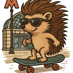 Таралеж кара скейтборд с ветровита прическа и слънчеви очила пред метро станция.