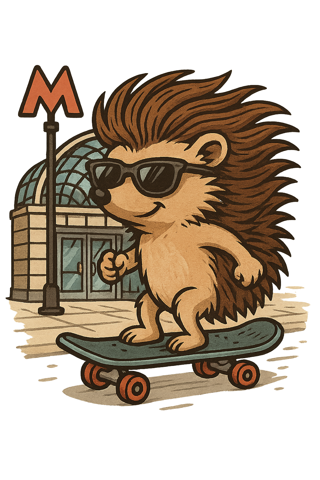 Таралеж кара скейтборд с ветровита прическа и слънчеви очила пред метро станция.