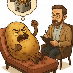 Диван на психолог, на който лежи тираничен картоф, разказващ за фритюрника.