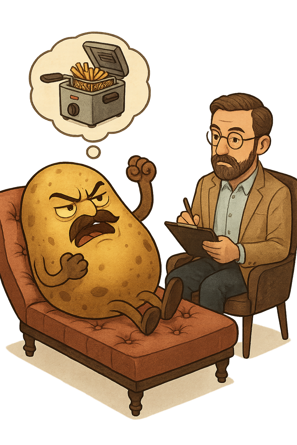 Диван на психолог, на който лежи тираничен картоф, разказващ за фритюрника.