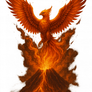 мощна птица феникс излиза от активен вулкан