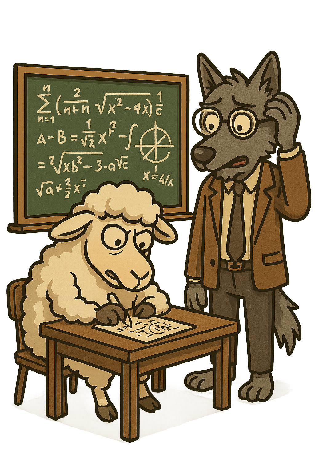 AI Art: Овца в класна стая, решава сложен матема