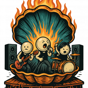 Голяма мида отваря черупката си на сцена, излизат перли с рок ленти и започва концерт.