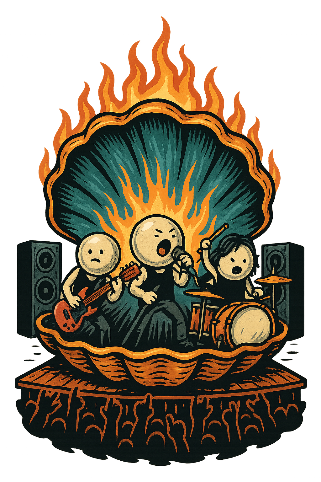 Голяма мида отваря черупката си на сцена, излизат перли с рок ленти и започва концерт.