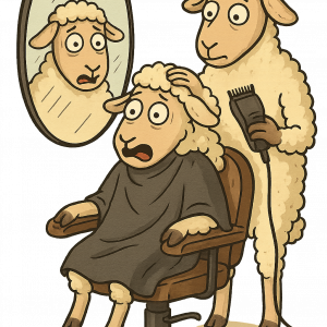 Овца в бръснарница, гледа уплашено в огледалото, докато фризьорът държи машинка.