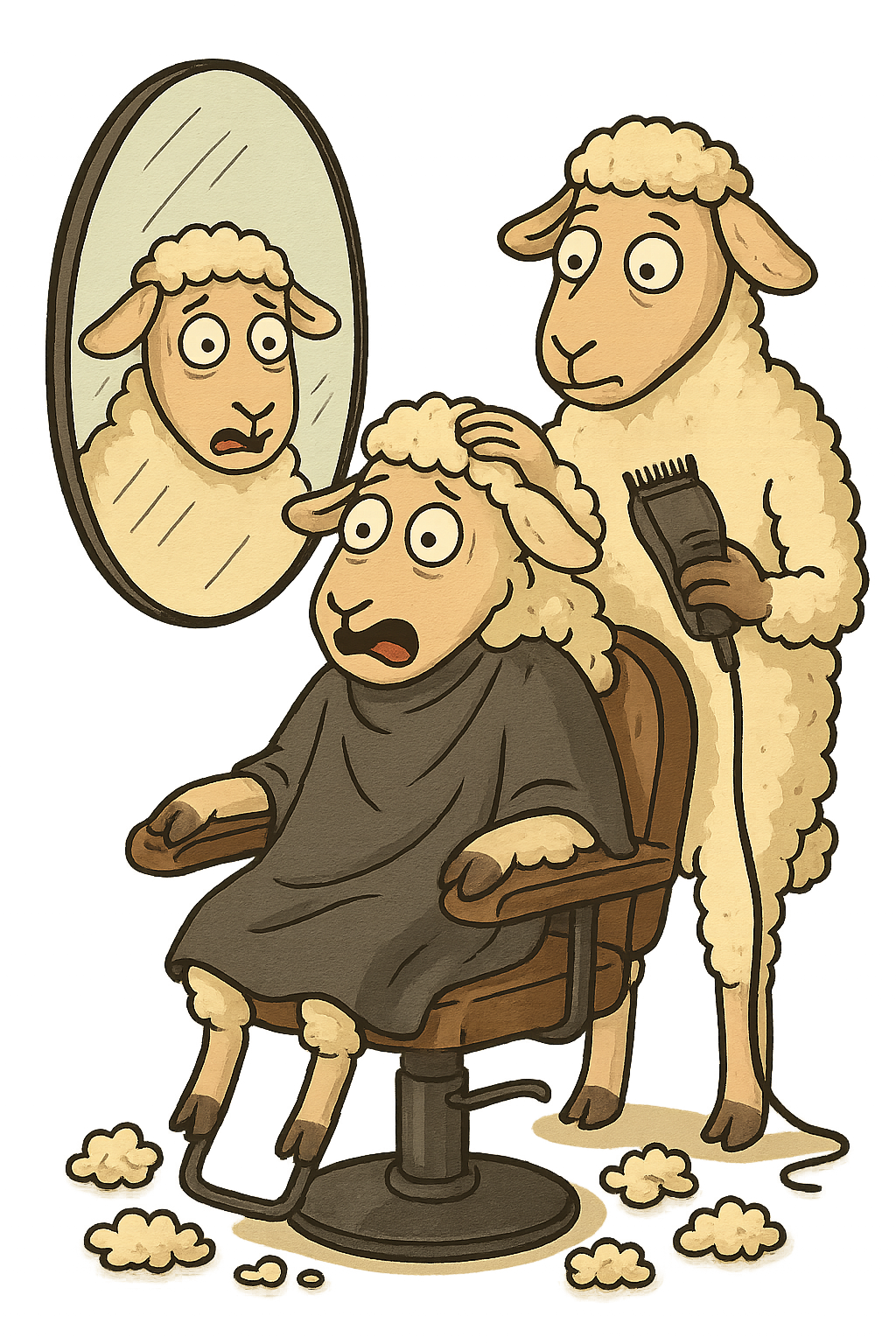 Овца в бръснарница, гледа уплашено в огледалото, докато фризьорът държи машинка.