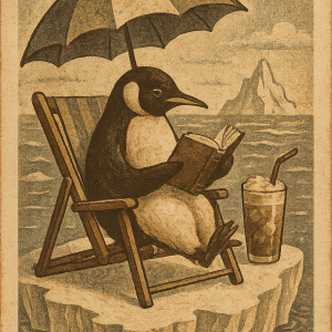 Пингвин в шезлонг чете криминален роман насред айсберг с чадър и ледено лате.