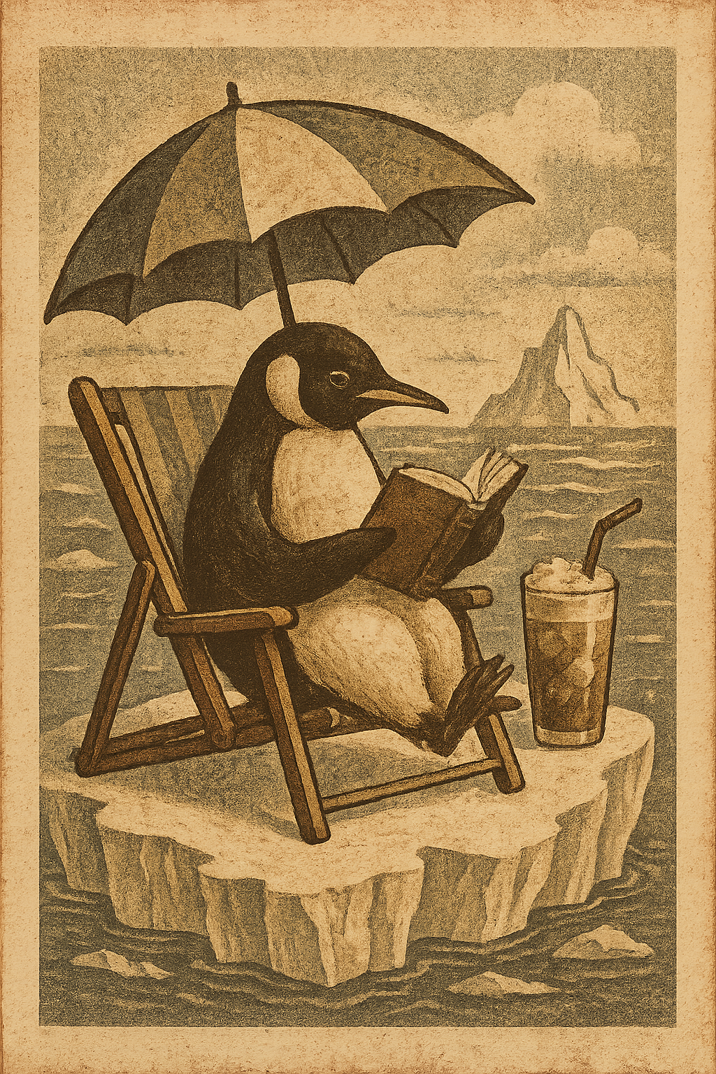 Пингвин в шезлонг чете криминален роман насред айсберг с чадър и ледено лате.