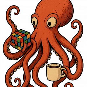 Гигантска октопода реди кубче на Рубик със седем пипала, докато държи кафе в осмото.