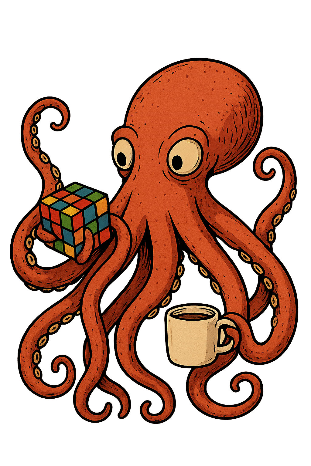 Гигантска октопода реди кубче на Рубик със седем пипала, докато държи кафе в осмото.