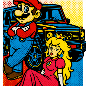 Super Mario leaning on a Black G-Class. The princess is sitting next to him leaning in a sexy pose.