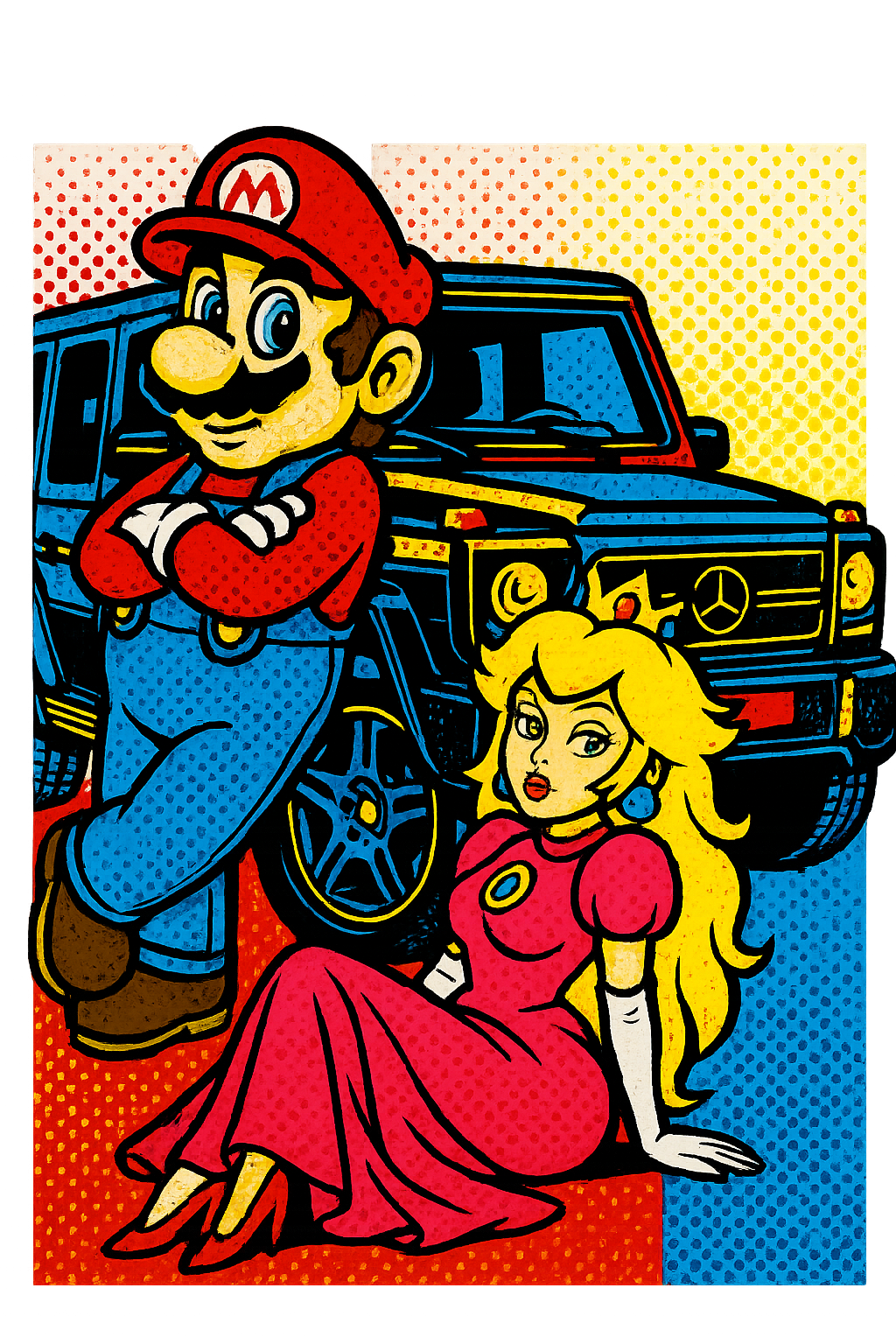 Super Mario leaning on a Black G-Class. The princess is sitting next to him leaning in a sexy pose.
