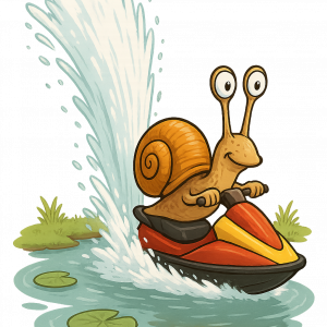 Охлюв с джет ски пори локва, оставяйки висок воден гейзер след себе си.