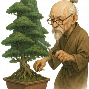 Стар самурай подстригва огромна бонсай гора с мини катана и очила за четене.