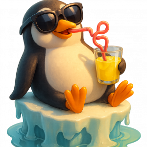 Penguin sunbathing on a melting iceberg, wearing sunglasses and sipping lemonade through a crazy straw.