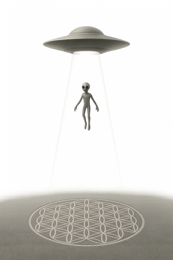 ET is being pulled from ufo above crop circle flower of life pattern