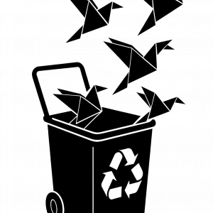 Origami birds escape a recycling bin