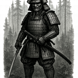 самурай в гората в пълно бойно облекло и снаражение