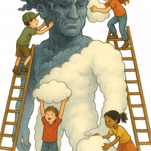 Деца строят гигантски човек от чисто време, бурите формират лицето му.