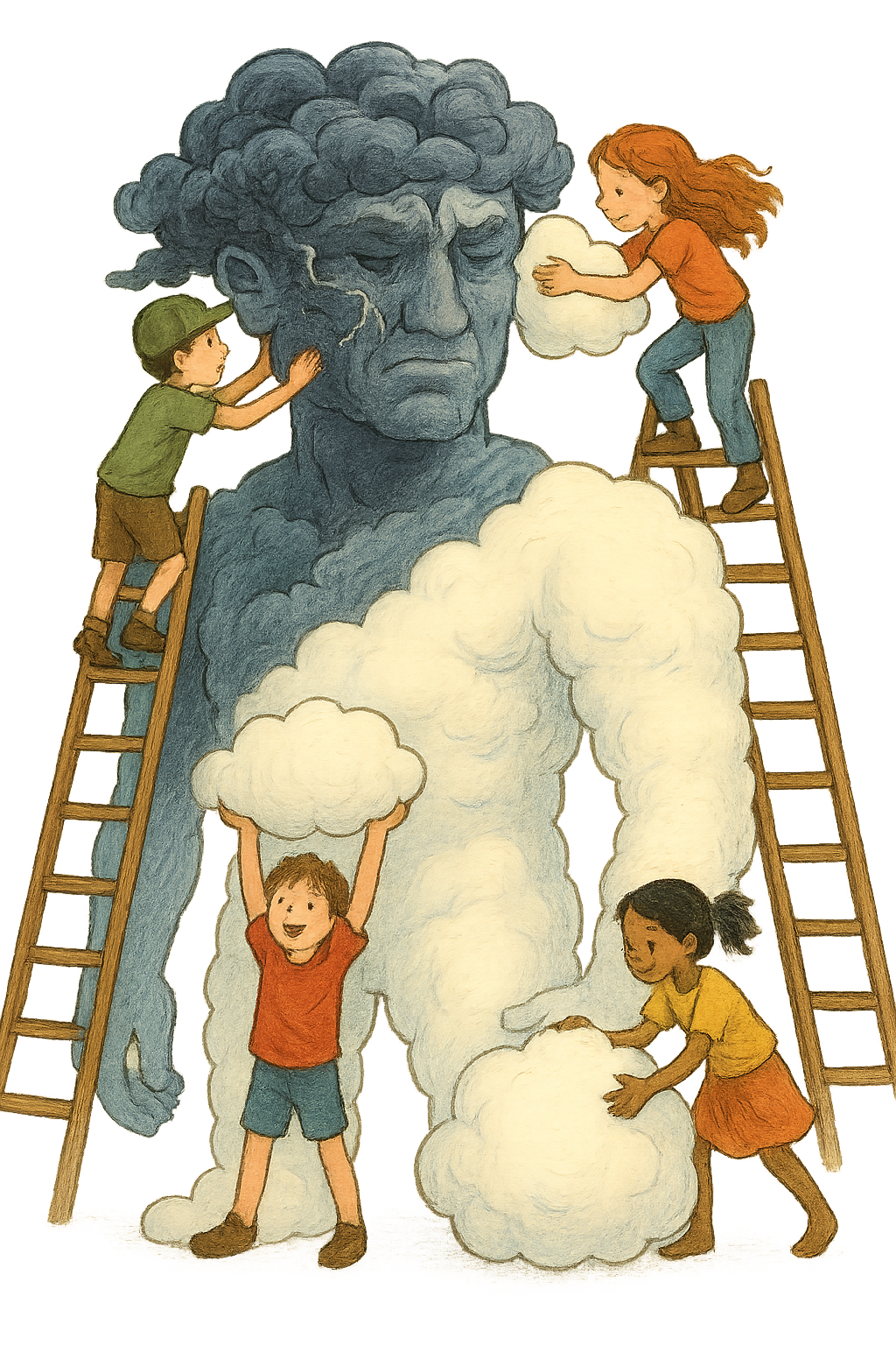 Деца строят гигантски човек от чисто време, бурите формират лицето му.