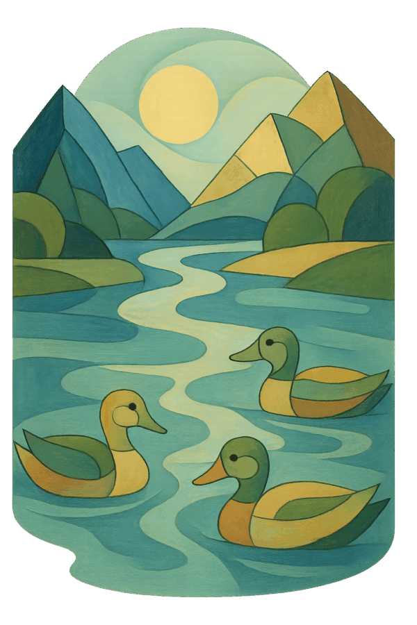 paisaje de un rio con montañas y patos nadando