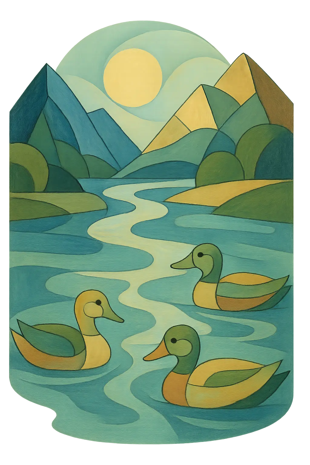 paisaje de un rio con montañas y patos nadando