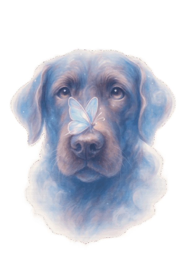 butterfly sitting on a choclate labradore dog nose, close up image