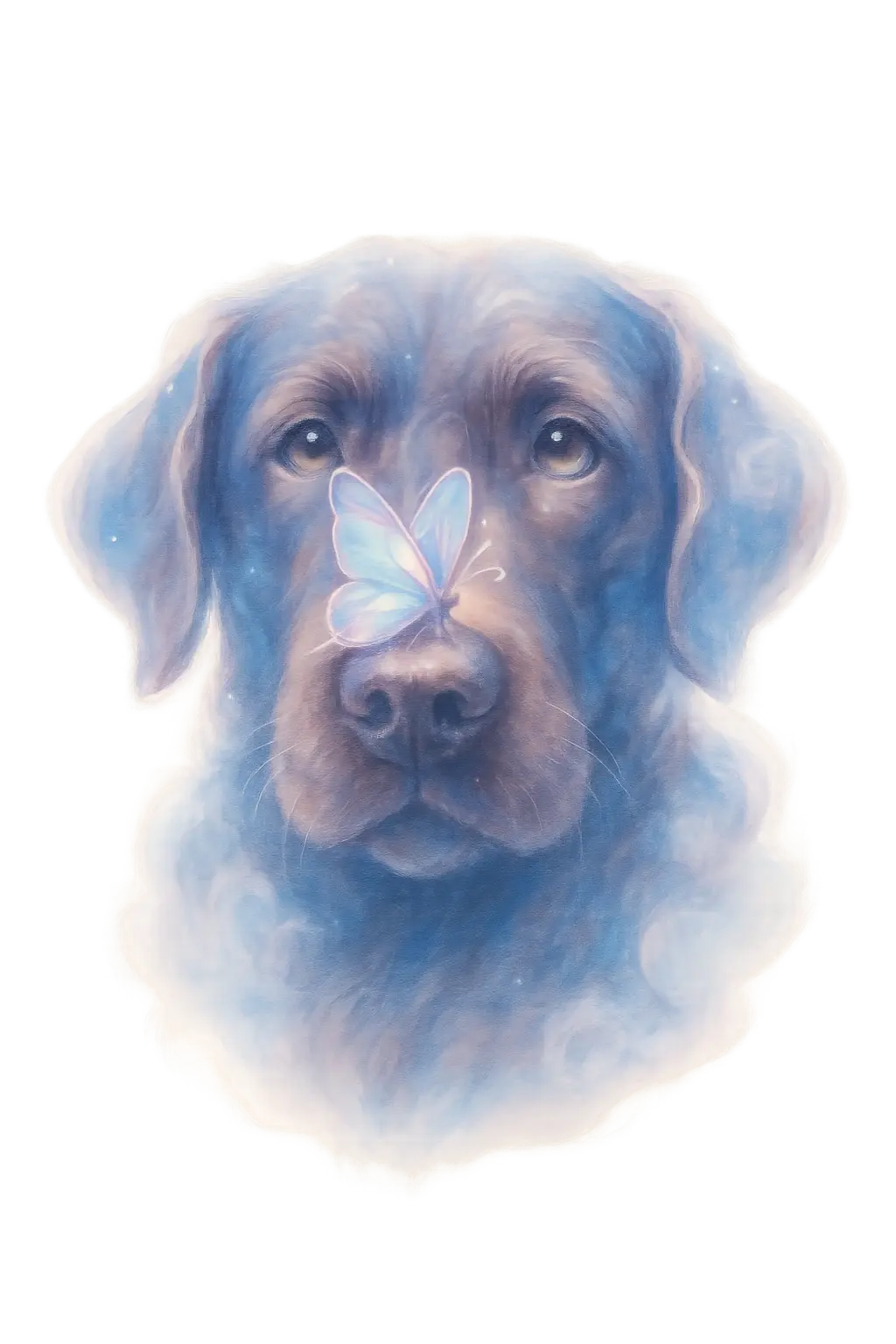 butterfly sitting on a choclate labradore dog nose, close up image