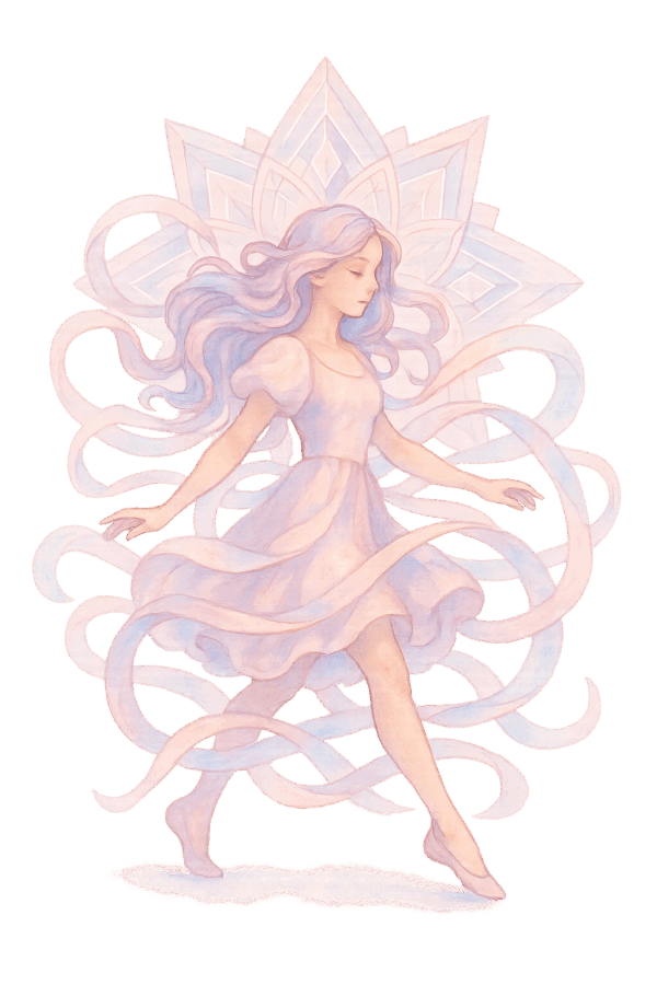 Dancing ribbons in pastel colors, wrapping around a beautiful woman crossing the street like a gentle spring whirlwind. Geometric crystals, shading the shapes into symmetrical mandala.