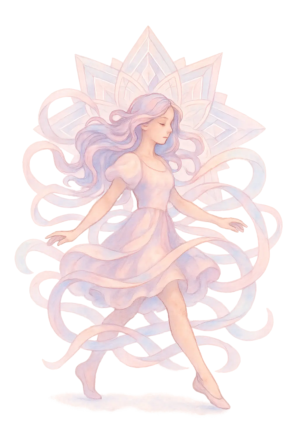 Dancing ribbons in pastel colors, wrapping around a beautiful woman crossing the street like a gentle spring whirlwind. Geometric crystals, shading the shapes into symmetrical mandala.