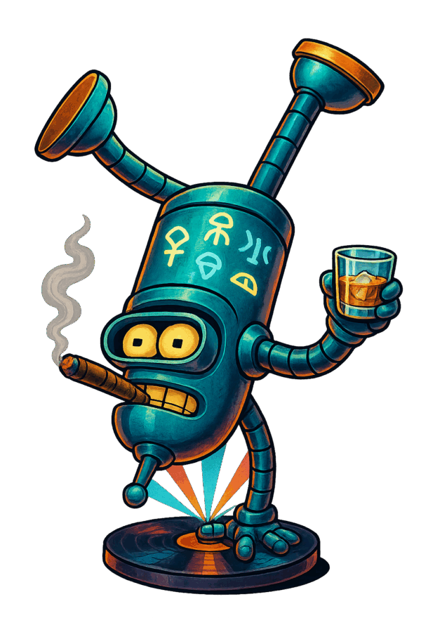 Dancing brake spinning on his head upside-down smoking cigar robot, holding glass of whiskey, on dancefloor iluminated by different color stage lights, spot lights on him shapes of alien symbols