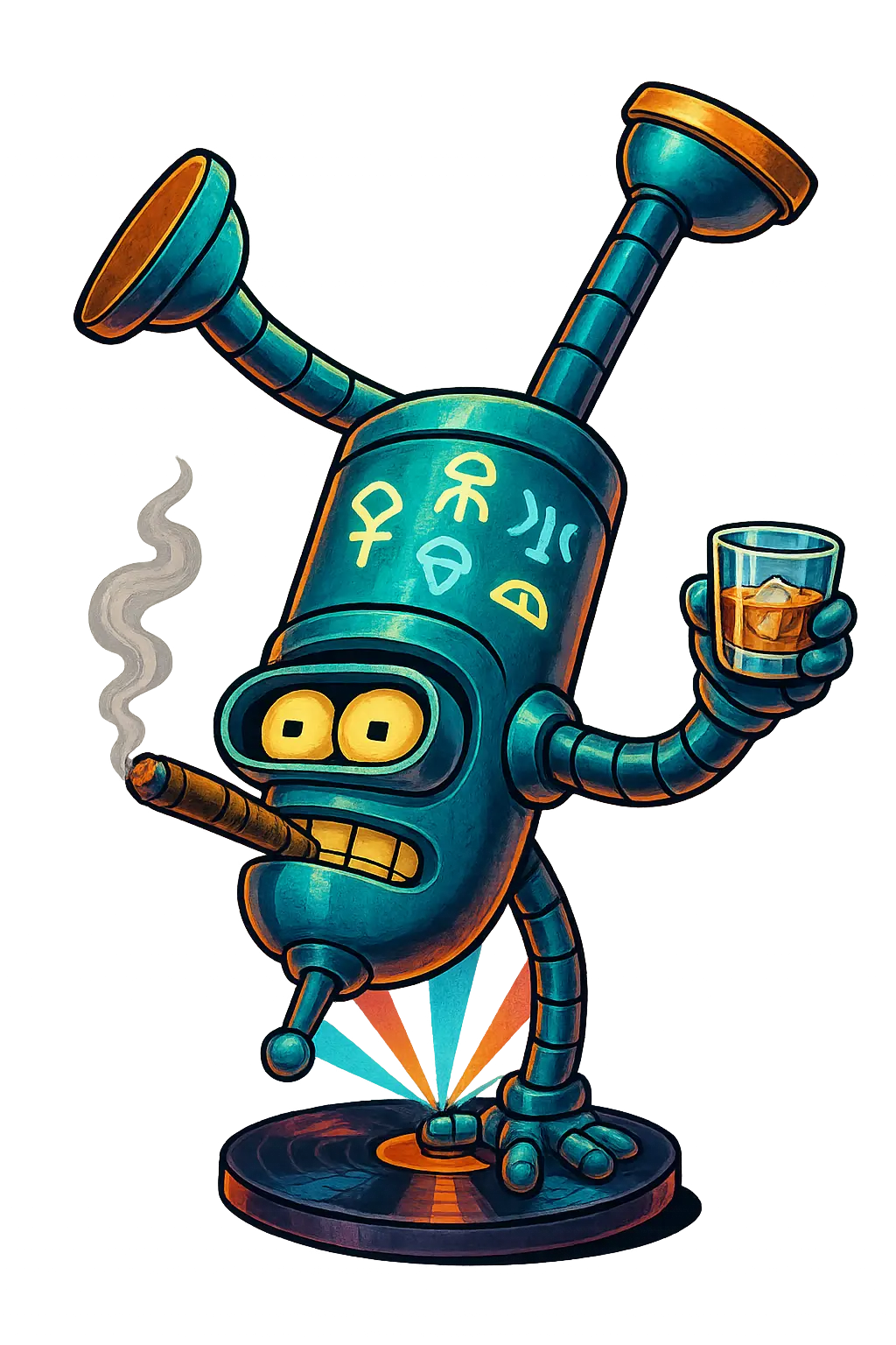 Dancing brake spinning on his head upside-down smoking cigar robot, holding glass of whiskey, on dancefloor iluminated by different color stage lights, spot lights on him shapes of alien symbols