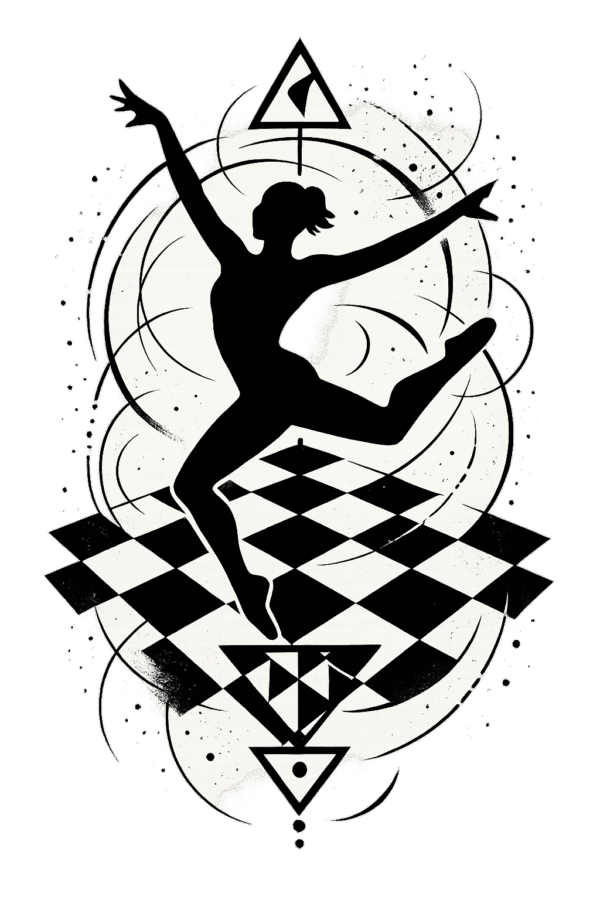 Гигантска черна шахматна дъска, където фигурите са сенки на танцуващи хора в замръзнало движение.