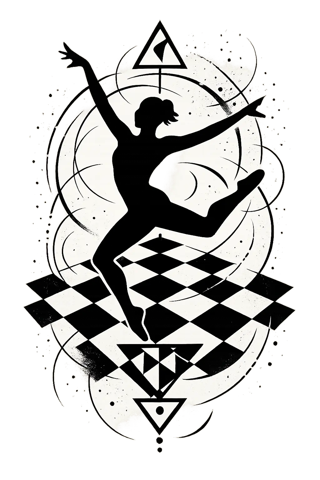 Гигантска черна шахматна дъска, където фигурите са сенки на танцуващи хора в замръзнало движение.