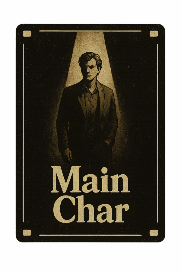 Film-frame layout with grain, spotlight beam on central figure, cinematic shadows, minimal text placeholders.