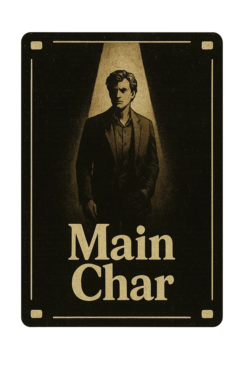 Film-frame layout with grain, spotlight beam on central figure, cinematic shadows, minimal text placeholders.