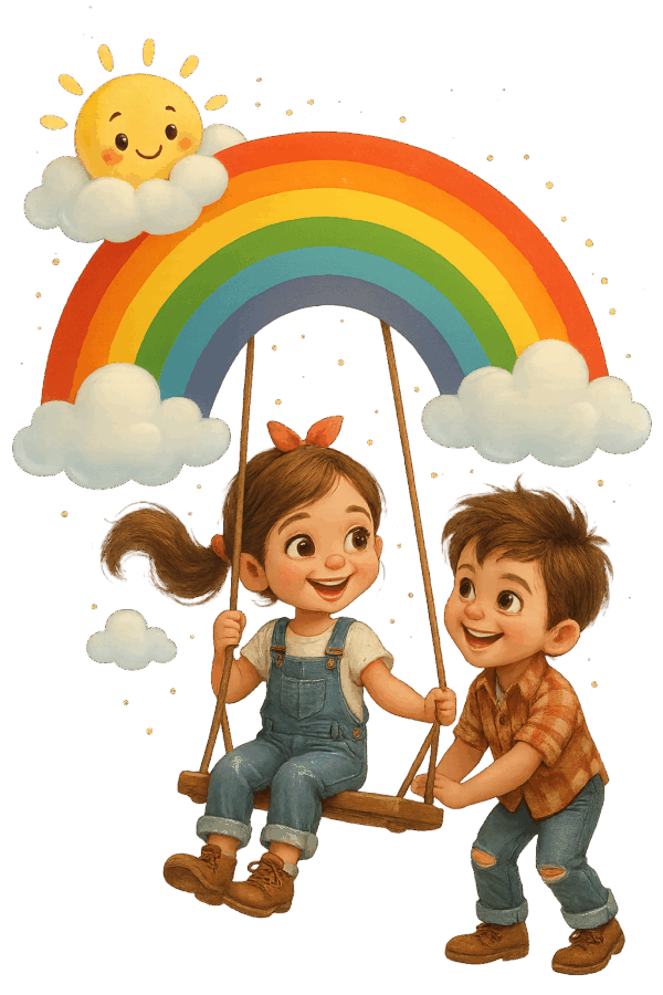 Две усмихнати деца едното на люлка закачена на дъгата, момченце засилва люлката и слънце надничащо от облак над дъгата. Прозрачен фон. Дъгата да е по-голяма, фигурите по-малки, разположени под дъгата