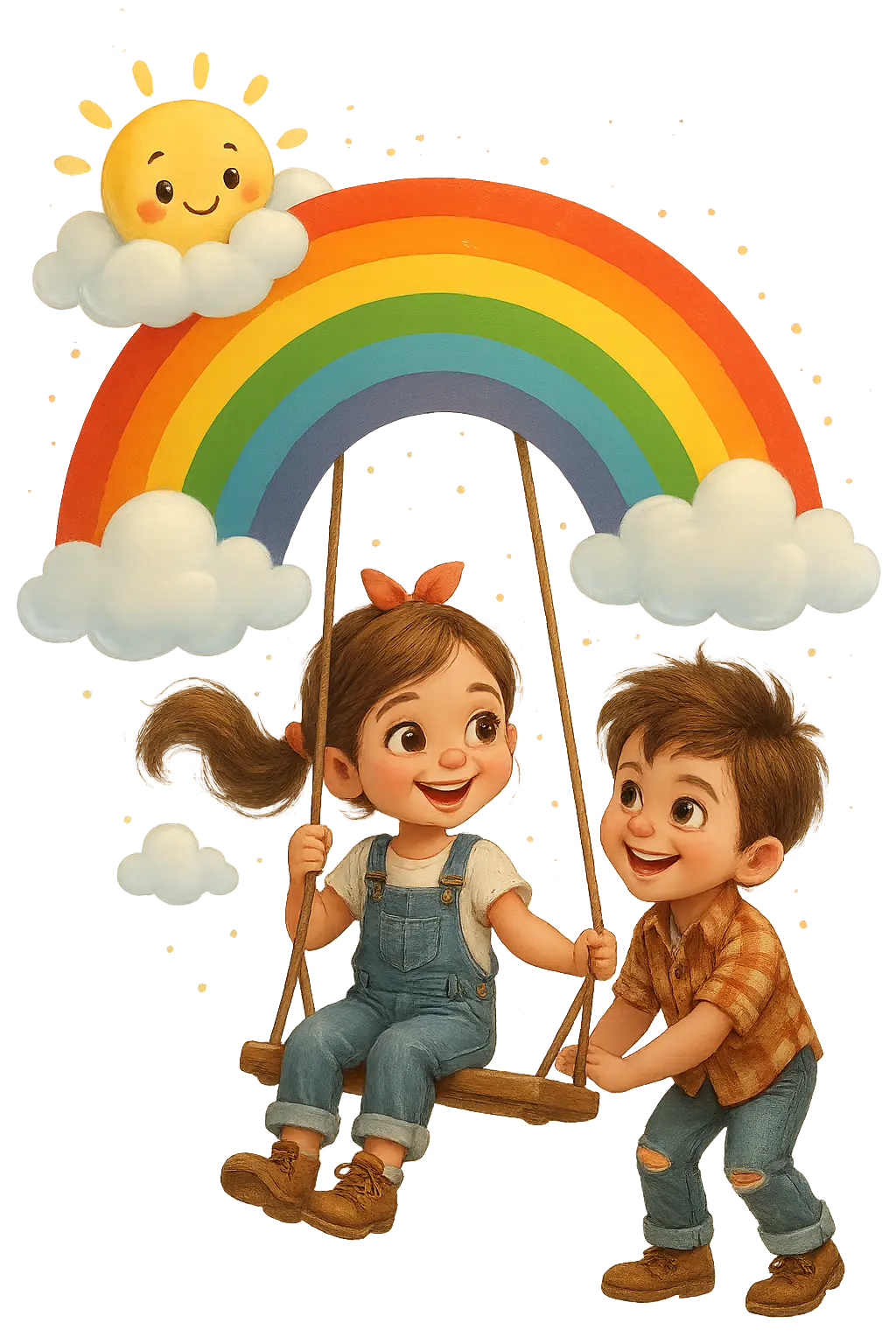 Две усмихнати деца едното на люлка закачена на дъгата, момченце засилва люлката и слънце надничащо от облак над дъгата. Прозрачен фон. Дъгата да е по-голяма, фигурите по-малки, разположени под дъгата