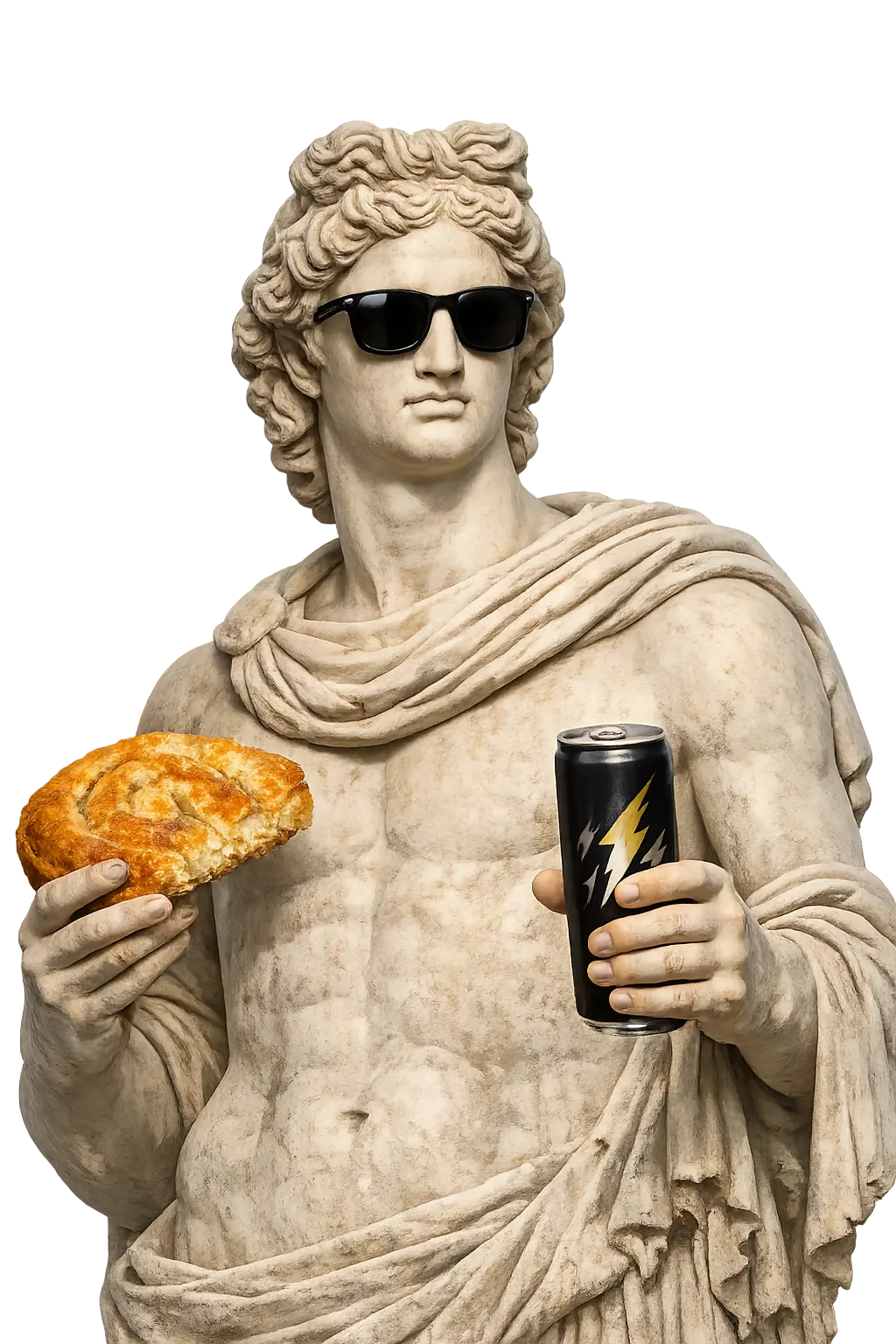 Древна гръцка статуя със слънчеви очила, баница в едната ръка и енергийна напитка в другата.
