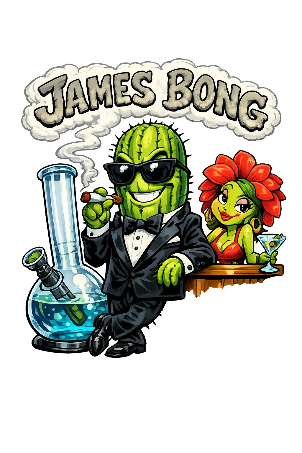 Funny James Bong parody: spy cactus in tuxedo smoking,smoking, on the bar sits huge bong, behind bar is atractive flower female bartender. the letters 'JAMES BONG' written in smoke bubble