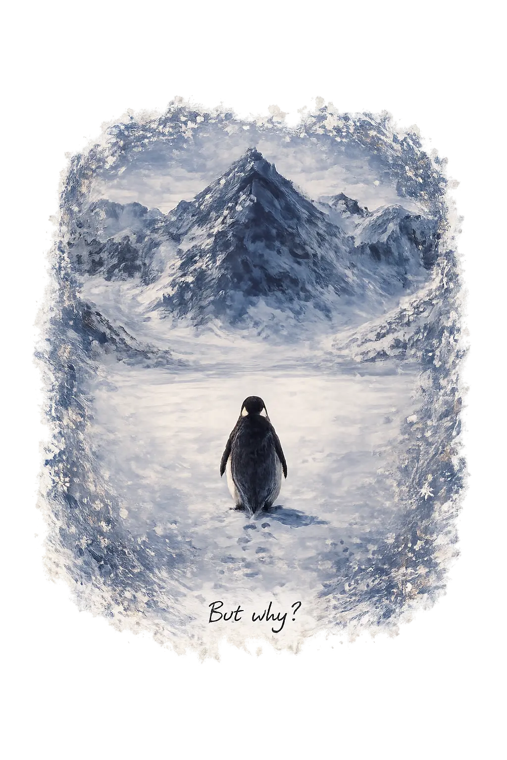 пренарисувай картинката пингвин пред голяма планина отдолу под пингвина малък текст ръчно написан But why? максимално артистична 'рамка' без рамка