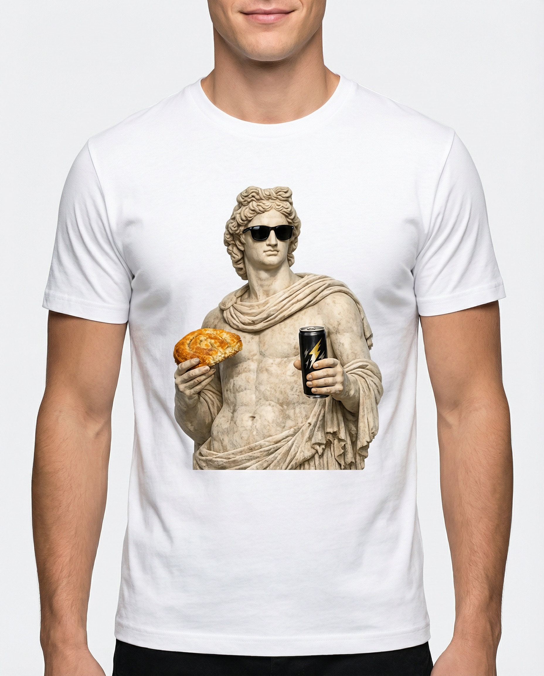 Древна гръцка статуя със слънчеви очила, баница в едната ръка и енергийна напитка в другата.