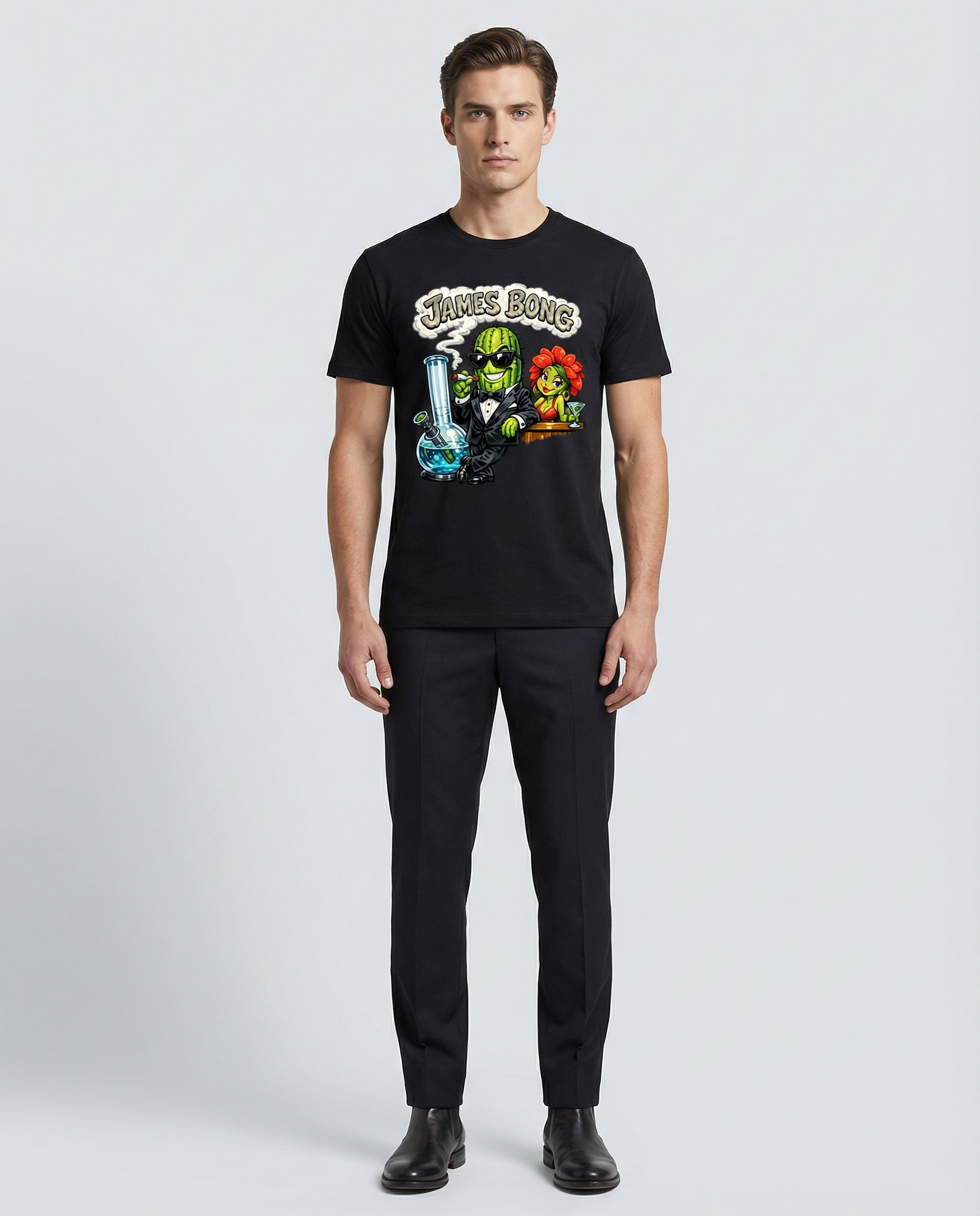 Funny James Bong parody: spy cactus in tuxedo smoking,smoking, on the bar sits huge bong, behind bar is atractive flower female bartender. the letters 'JAMES BONG' written in smoke bubble