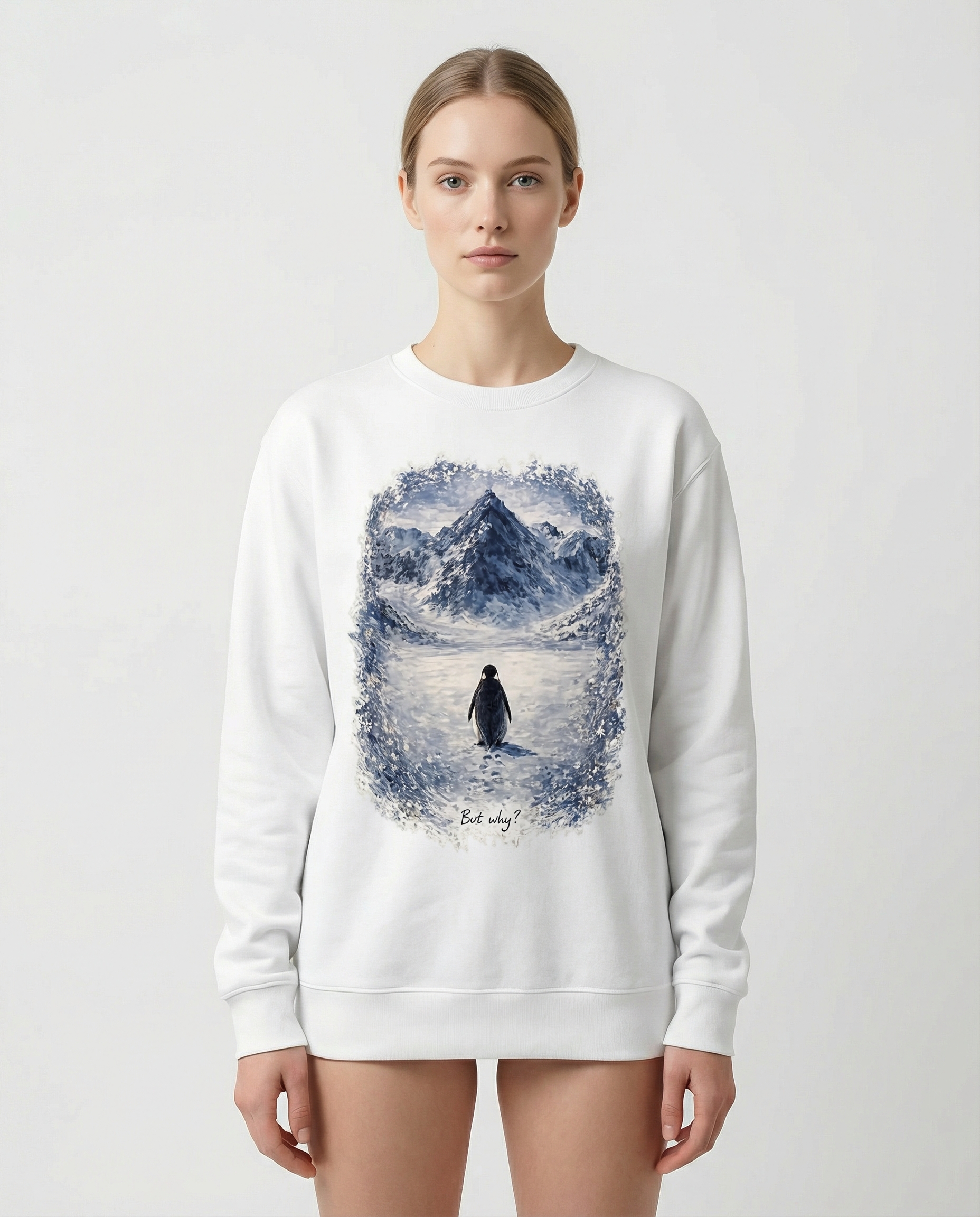 пренарисувай картинката пингвин пред голяма планина отдолу под пингвина малък текст ръчно написан But why? максимално артистична 'рамка' без рамка